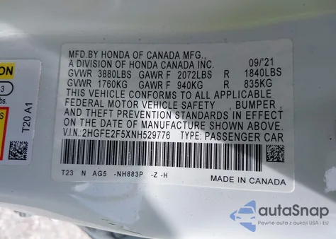 2022 Honda Civic Sport z USA, uszkodzony, nr VIN 2HGFE2F5XNH529776